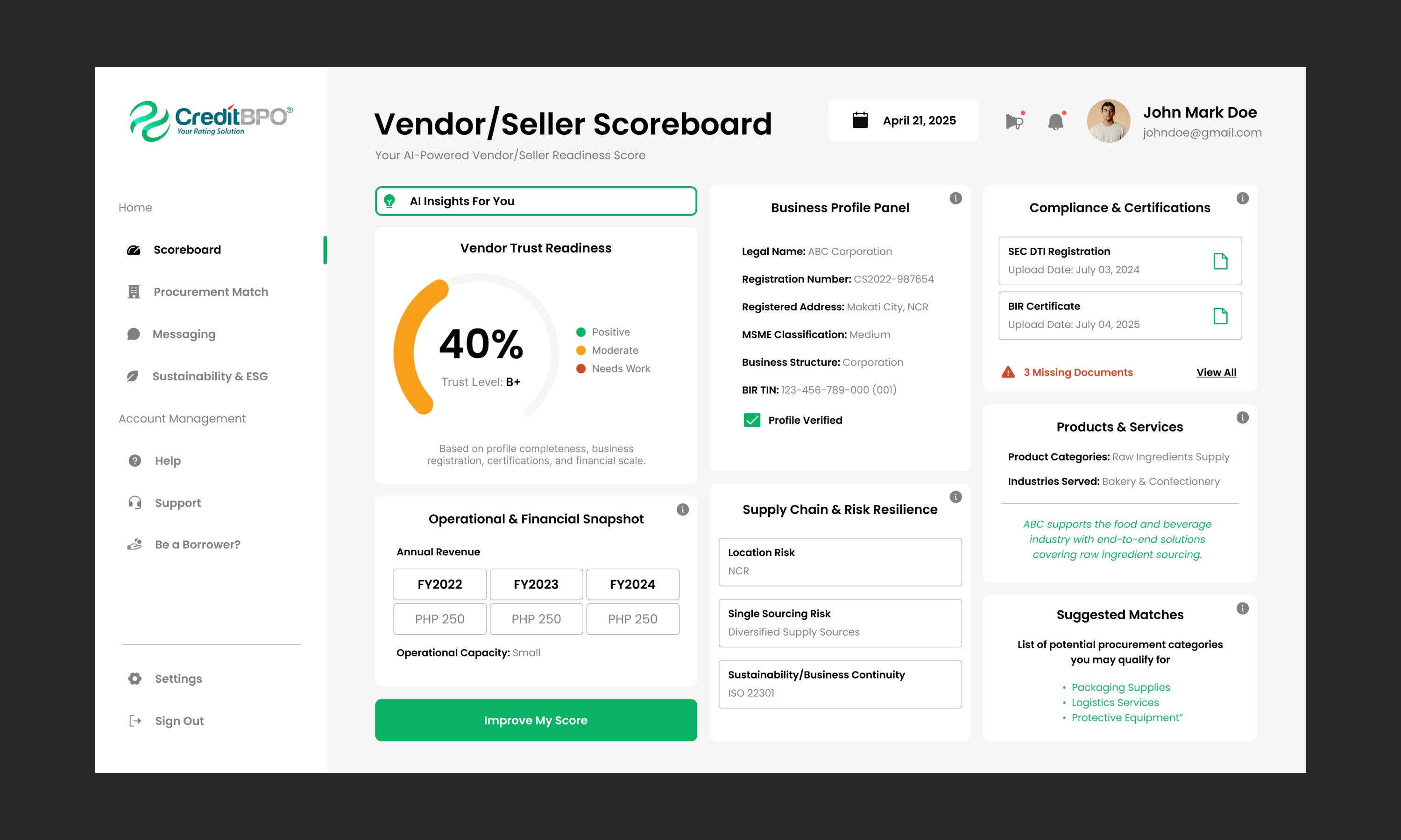 Sample UI of matching platform