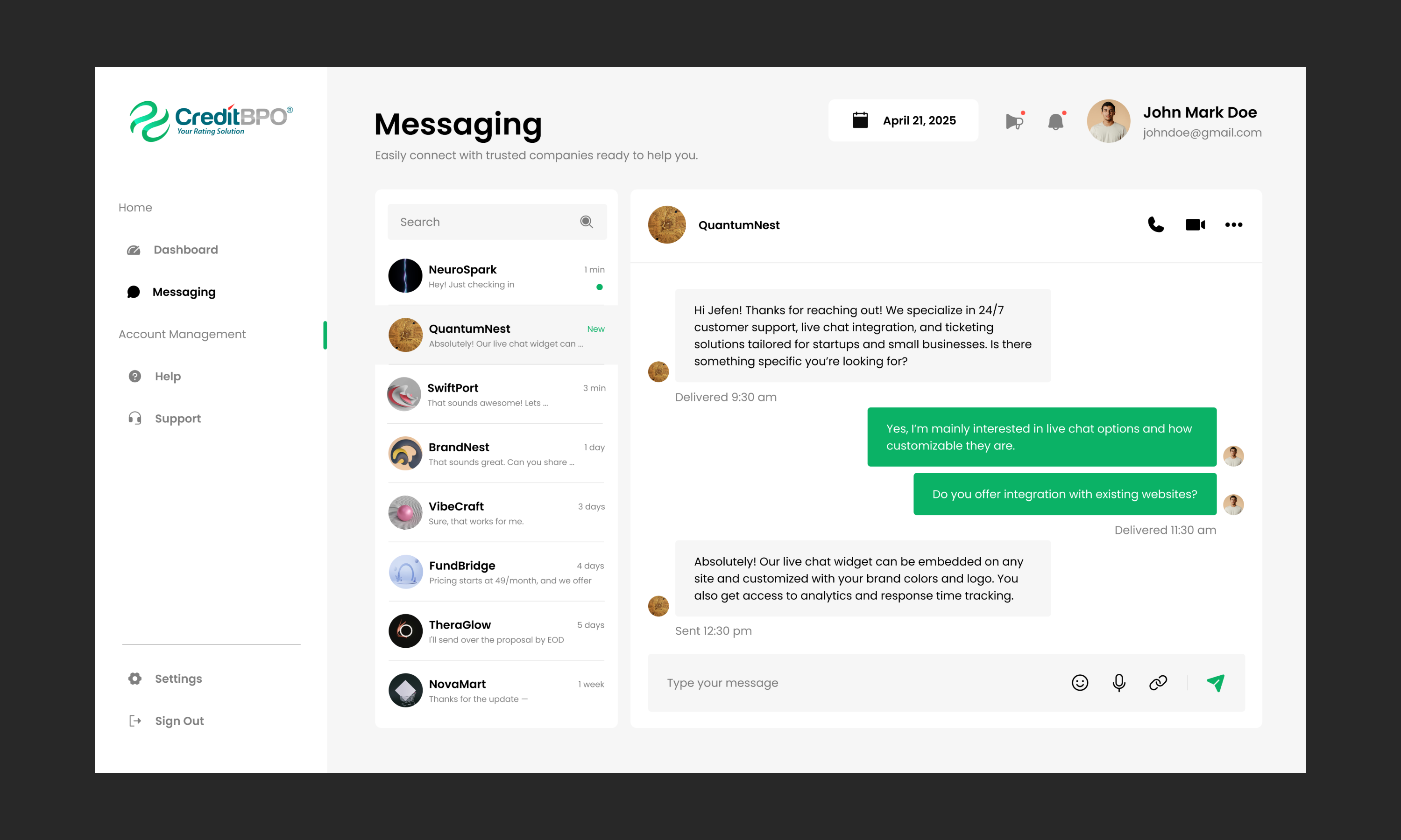 Sample UI of matching platform